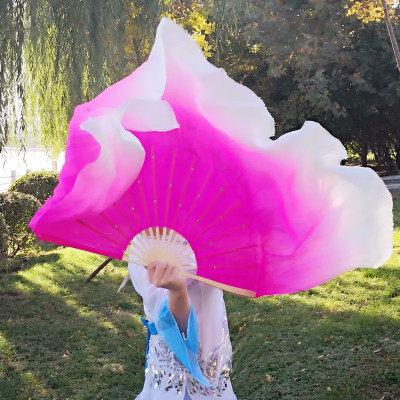 舞蹈扇子跳舞扇加长成人秀色双面胶州秧歌扇演出大扇渐变舞表演扇三维工匠骨长36飘40厘米黄色白到染双大面