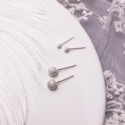 925纯银耳钉简约气质银饰耳环个性防过敏耳饰闪砂喷砂银豆豆闪耀送女朋友老婆情人节七夕生日礼物