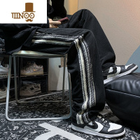 YANXU灯芯绒裤子男秋季条纹拼接阔腿运动裤美式大码加绒宽松休闲裤