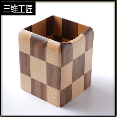 实木笔筒收纳北欧简约办公室书房创意文具学习ins桌面收纳摆件三维工匠双拼色九宫格--笔筒