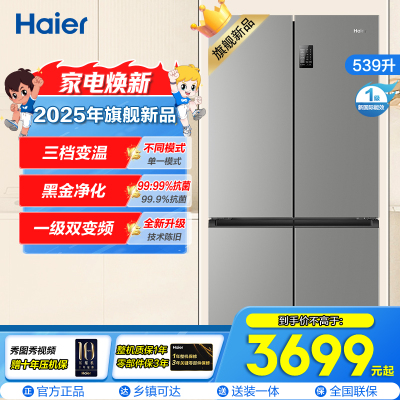 海尔(Haier)539L大容量三档变温黑金净化一级双变频WIFI智能联网旗舰新品 BCD-539WGHTDEDH9U1