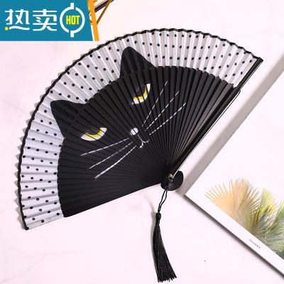 XIANCAI夏季随身流苏小扇子中国风古风折扇女士折叠复古汉服舞蹈小竹扇 黑色喵