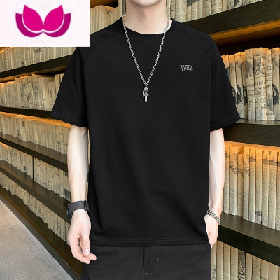 七斓夏季冰丝短袖T恤男士休闲宽松半袖体恤潮牌上衣服黑色打底衫