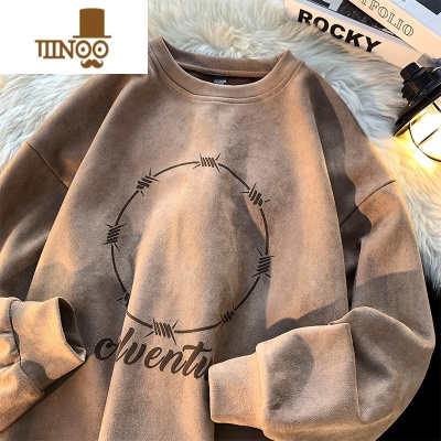 YANXU绒美式长袖t恤男士秋季潮牌宽松上衣服打底衫款卫衣