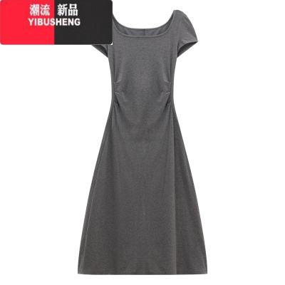 YIBUSHENG小个子法式方领短袖连衣裙女季2024新款收腰A字显瘦中长款裙子