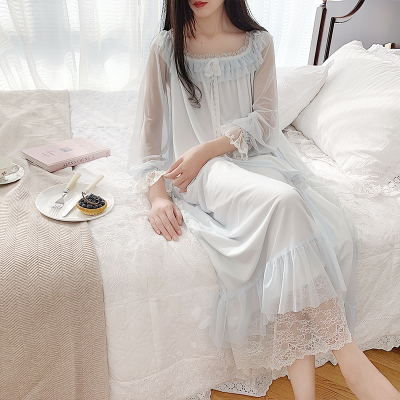 HLCOMAN睡裙长款女过膝春秋薄款网纱性感睡衣女夏可爱公主风蕾丝仙女大码睡裙