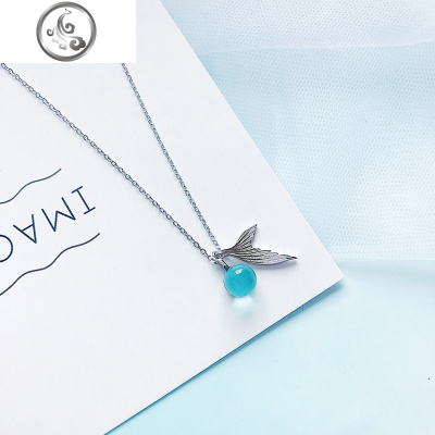 S925纯银人鱼泪尾巴蓝色泡沫项链小清新森系学生锁骨链吊坠女简约 JiMi