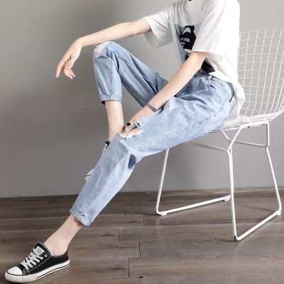 珂卡慕(KEKAMU)高腰牛仔裤女宽松破洞牛仔裤女宽松2020春装新款夏高腰显瘦九分直筒老爹哈伦裤子潮浅蓝色25