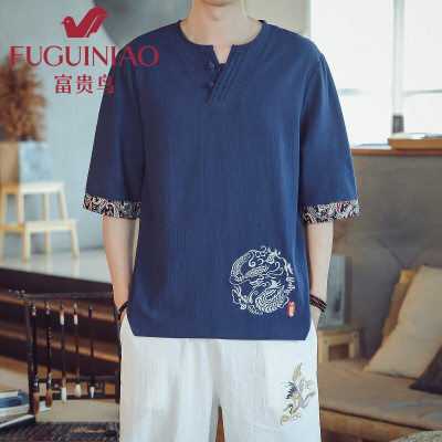 富贵鸟夏季中国风T恤男汉服复古风潮牌古装仙鹤刺绣2021中山装青年唐装短袖