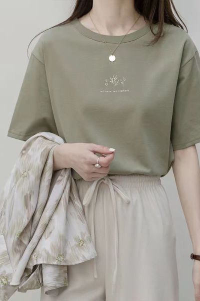 短袖韩版圆领T恤女夏季宽松植物印花休闲纯色打底衫上衣韩国女装