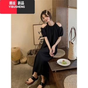 YIBUSHENG氛围感黑色露肩雪纺短袖连衣裙女季新款韩系气质宽松度假长裙子