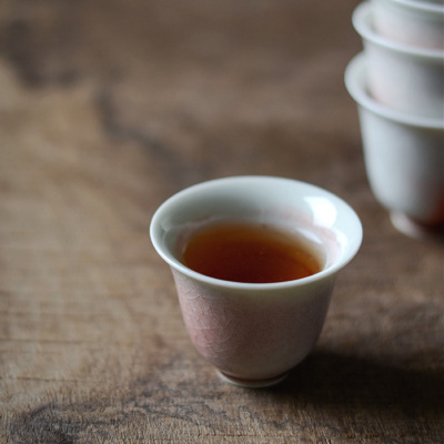 美帮汇红釉开片可养茶杯花神杯高足杯冰裂纹蝉翼纹溪红釉小杯品茗杯茶盏